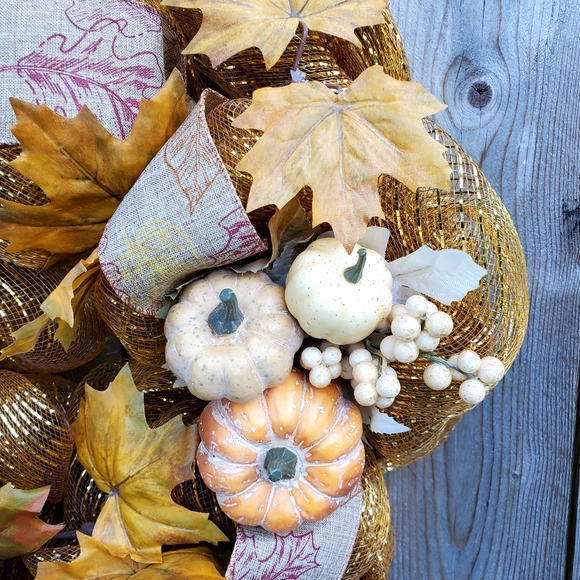 Fall Leaf Ribbon and Pumpkin Homemade Hanger Wreath - Picture 2 of 2